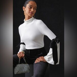 Anthropologie Maeve White Turtleneck Mock Neck Sweater with Black Bow Details